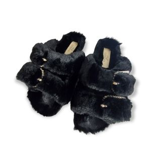 Luxurious Black Faux Fur & Faux Pearl Slippers